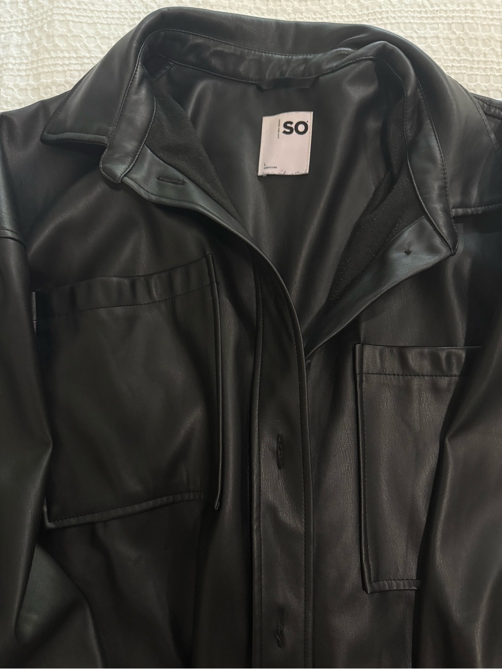 SO Black Faux Leather Button-Front Shirt Jacket